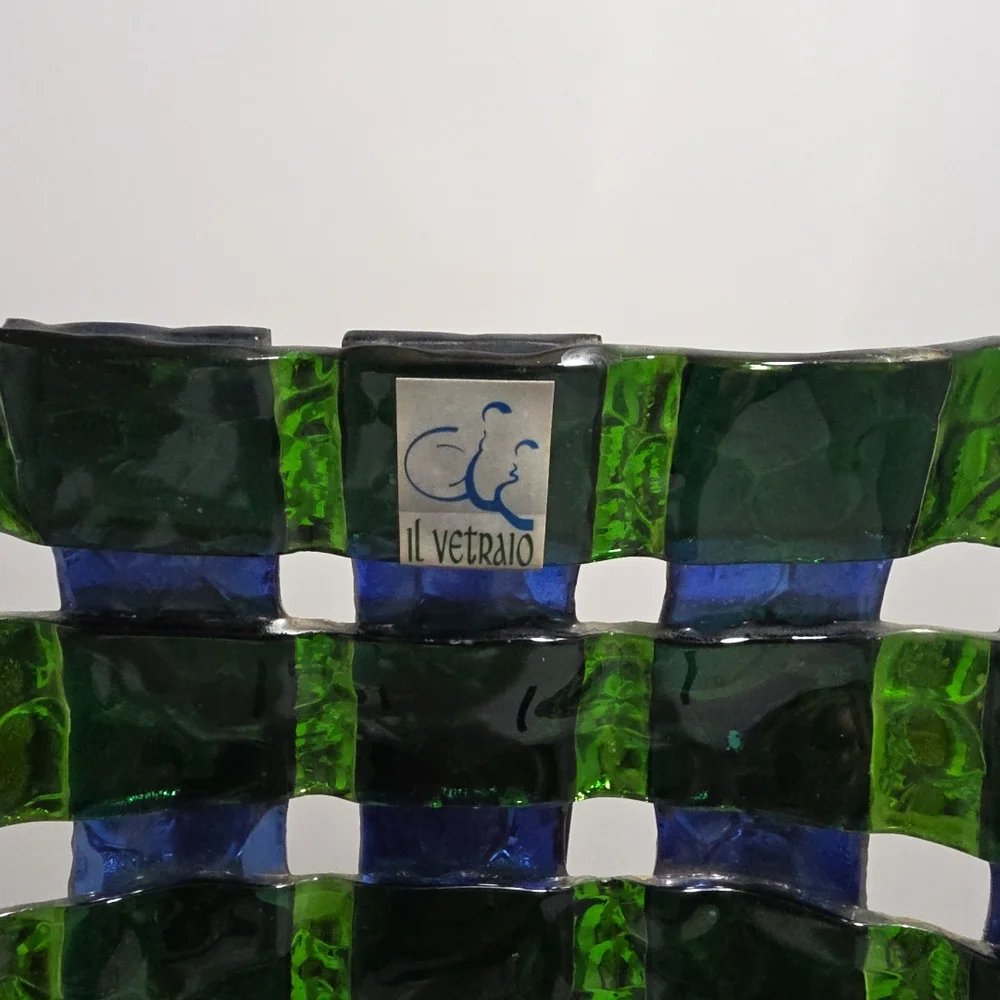 Il Vetraio Italy Fused Art Glass Plate Bowl 7.5” Green Blue Checkered (OT)